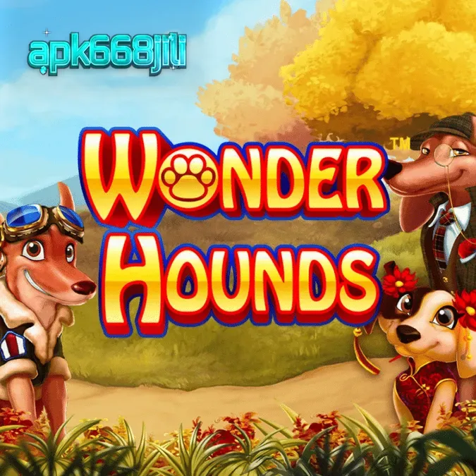 Tampilan layar permainan slot Wonder Hounds dengan simbol anjing dan gulungan aktif.